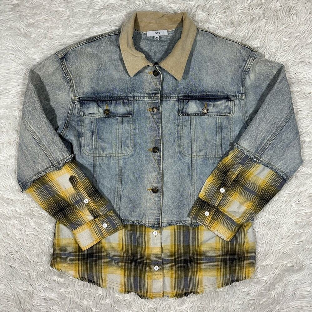 FATE Denim / Jean Jacket Size Medium Mixed Media Patchwork Blue and Yellow Plaid